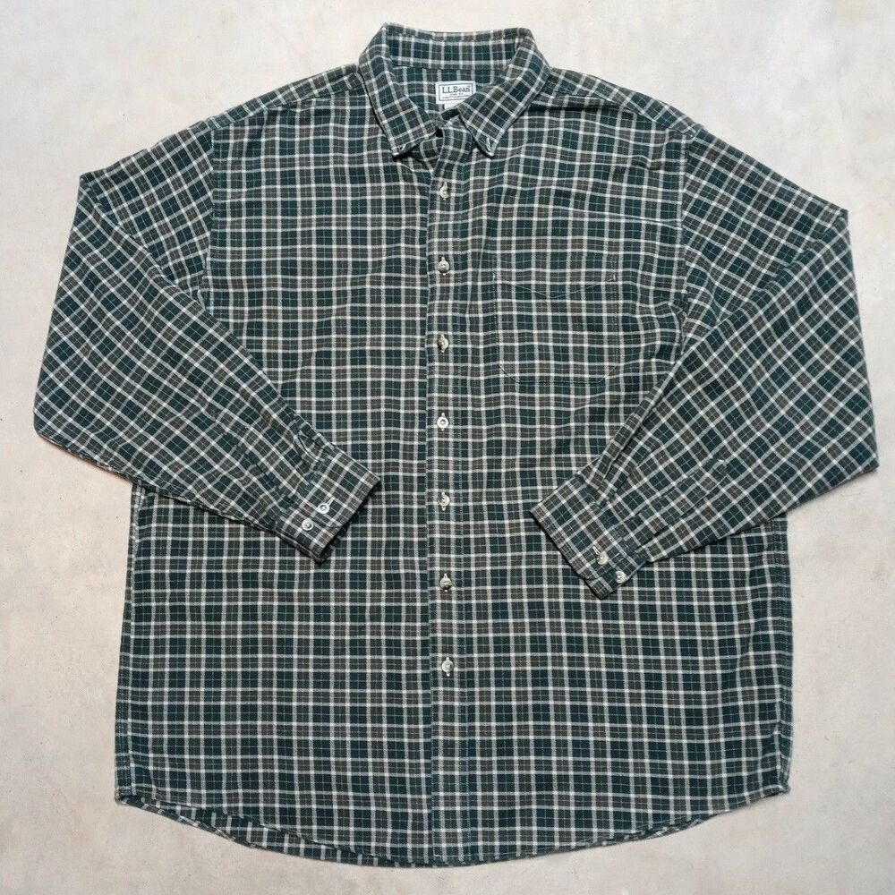 LL Bean Flannel Shirt Men's Size XL Tall Green Plaid Button Down Long Sleeve